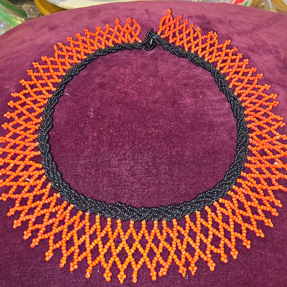 Vintage Lucite Bead Collar Necklace Orange Black Bib Lattice Fringe Statement